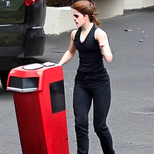 Prompt: emma watson angrily smashing a computer. photo.