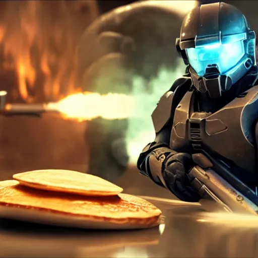 Image similar to master chief wearing a chef hat cooking a stack of pancakes hyper real, 8k, colorful, 3D cinematic