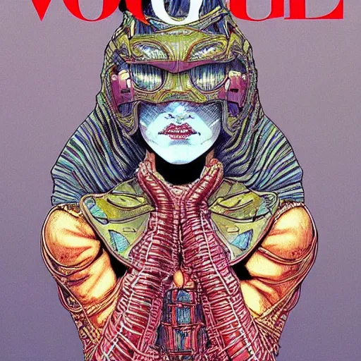 Image similar to beautiful portrait of the mysterious cybernetic masked figure, vogue cover, vogue poses, beautiful ornamental silk cape, intricate, highly detailed, masterful, fantasy world, sci fi world, in the style of moebius, akira toriyama, jean giraud