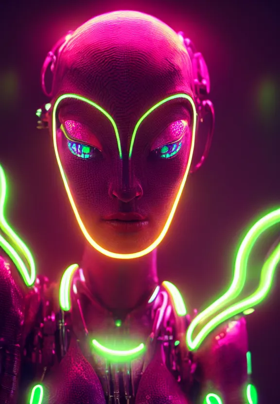 Prompt: ultra realist intricate detailed painting of a single attractive alien female, neon scales and cyborg tech, hyperrealistic, soft lighting, octane render