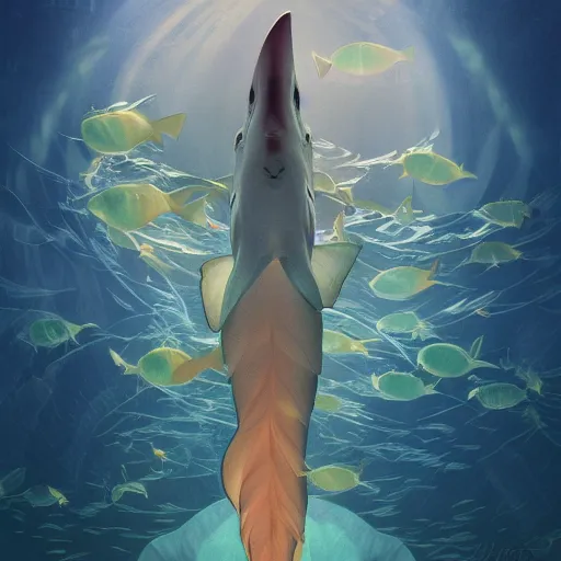 Image similar to great white shark, traffic cones as fins, underwater background detailed atmospheric - ron cheng & alphonse mucha, highly detailed, digital painting, ray tracing, concept art, illustration, smooth sharp focus, intricate, symmetry, artstation,