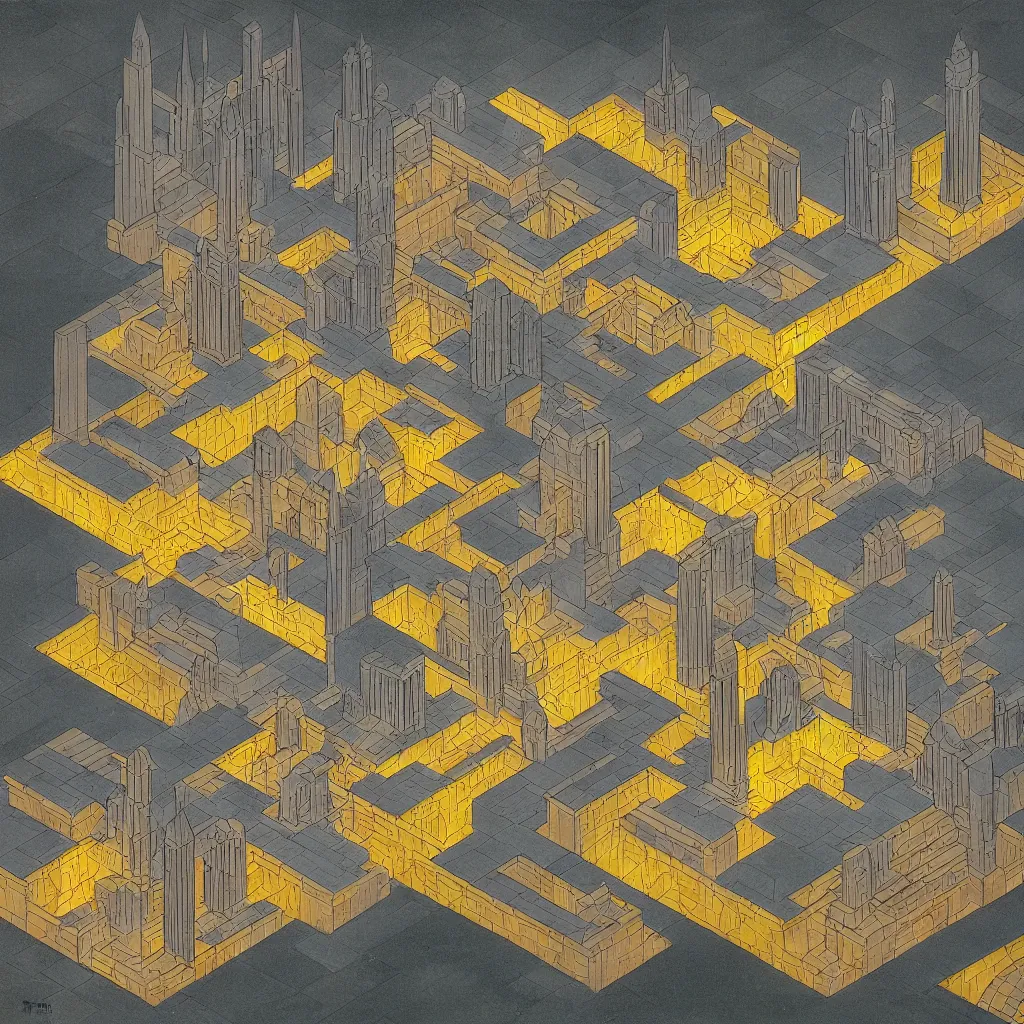 Image similar to isometric artdeco raining underworld cathedral at night by frank lloyd wright, isometric, painted by piet mondrian