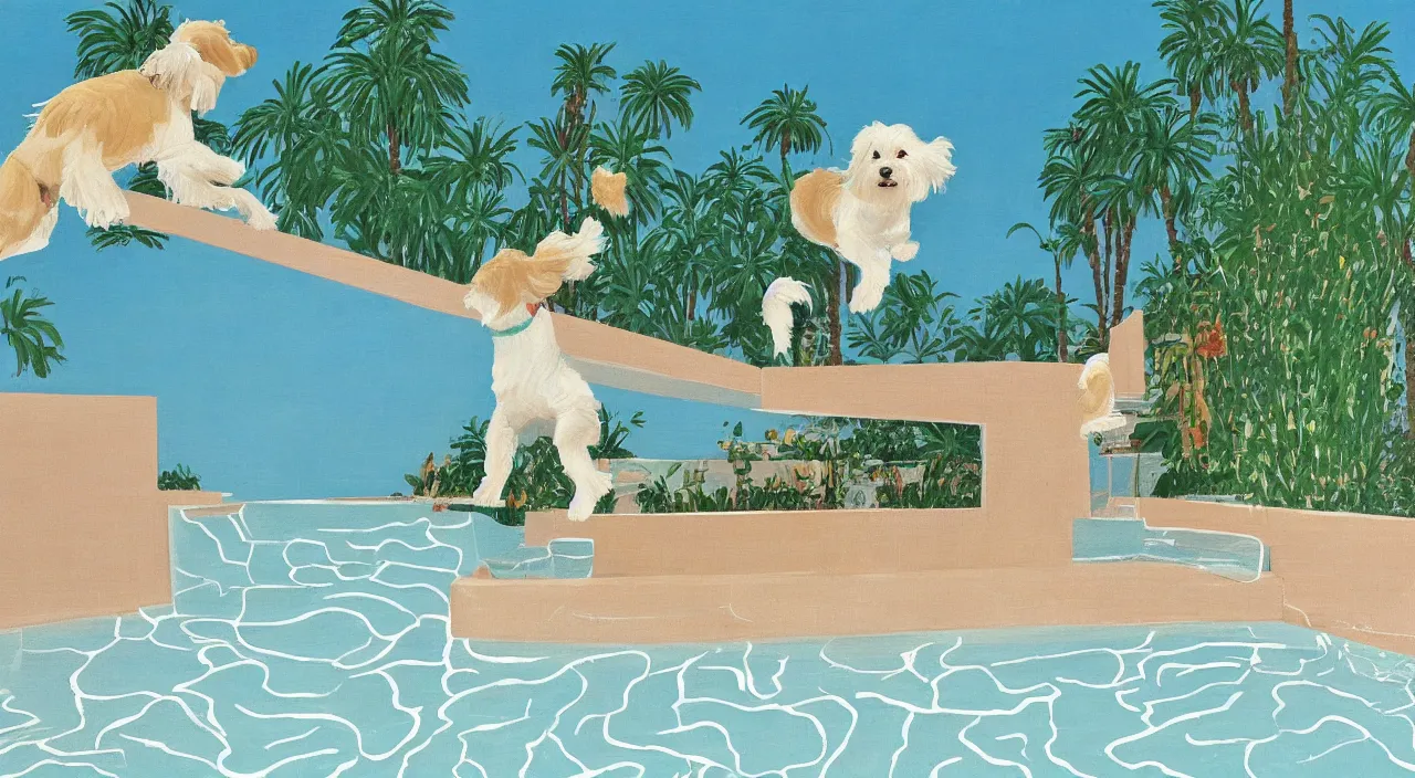 Image similar to medium shot of one cream colored havanese dog jumping from a diving board at a pool at a mid century modern house in palm springs oil painting by david hockney