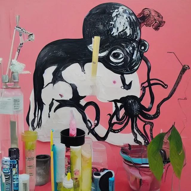 Image similar to “ a portrait in a female art student ’ s apartment, negative space, sensual, a pig theme, anaesthetic, art supplies, surgical iv drip, octopus, ikebana, herbs, white candles, squashed berries, berry juice drips, acrylic and spray paint and oilstick on canvas, surrealism, neoexpressionism ”