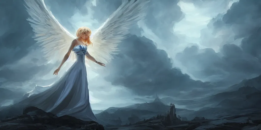 Image similar to a blonde angel with long white dress and dramatic light in the middle of a dark blue valley filled with hundreds of demons, romantic painting, 8 k, artstation, wide angle