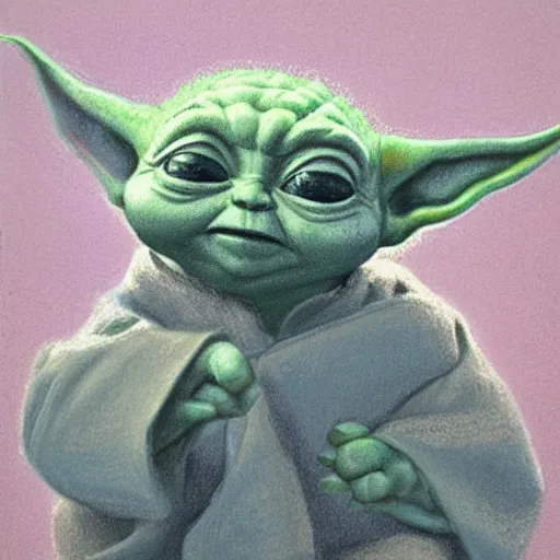 Prompt: baby yoda, by Harley Brown, Robert Emil Schulz, rough pastel on paper