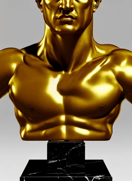 Image similar to stylized gold and black ornate statue bust made of marble of hercules, perfect symmetrical body, perfect symmetrical face, hyper realistic, hyper detailed, by johannen voss, by michelangelo, octane render, blender, 8 k