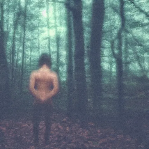 Prompt: Camera obscura photo of a demon in a forest, horrifying, grainy, cursed