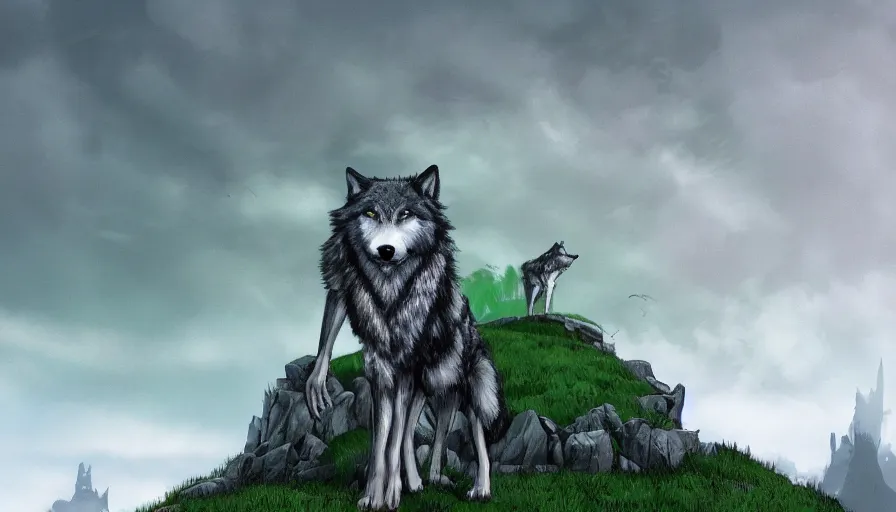 Prompt: digital art, trending on artstation, a wolf on a beautiful green mountain watching a horrible zombie city