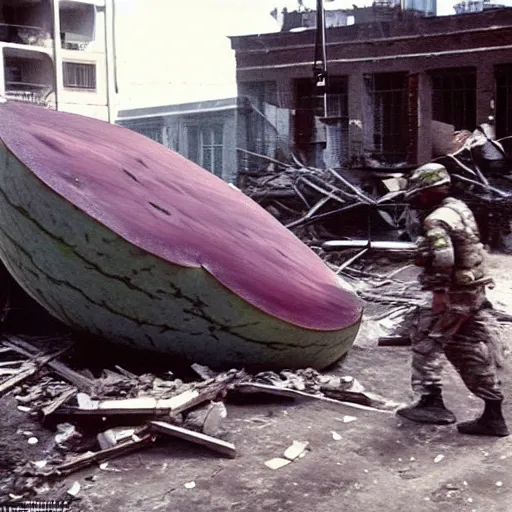 Image similar to The giant watermelon was finally stopped when it ran into a building that was too strong for it to destroy. It was cornered and had nowhere to go. The military was able to contain it and eventually destroy it. Cinematic