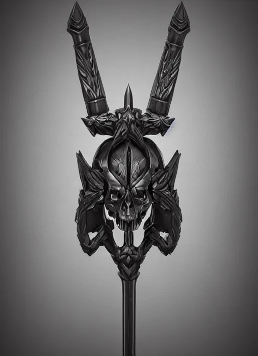 Prompt: a black great sword mini skull crest, orthographic, ornament, weapon, a 3 d render by dom qwek, front side full, trending on polycount, artstation, hard surface modeling, rendered in maya, zbrush, blender, hd, vray, berserk, symmetry