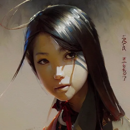 Image similar to a painting of Japanese schoolgirl by Greg Rutkowski, Peter Mohrbacher, Craig Mullins, Karol Bak, Michael Garmash.