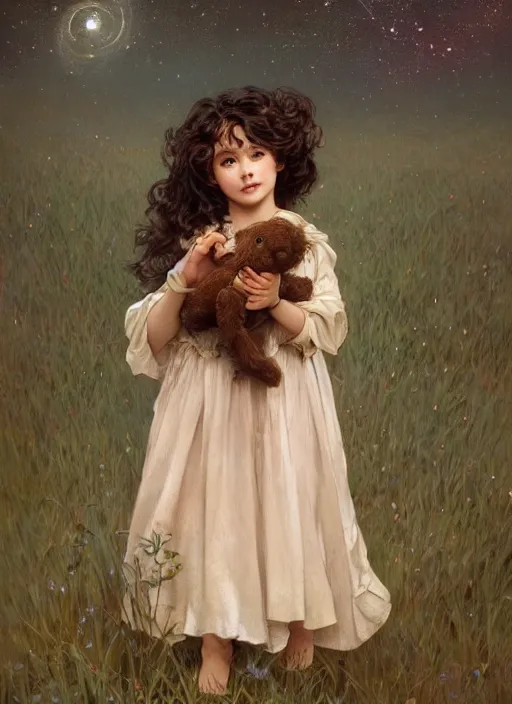 Prompt: A cute little girl with short curly brown hair. She is standing in a field at night holding a care bear, looking up and the sky is filled with constellations. beautiful fantasy art by By Artgerm and Greg Rutkowski and Alphonse Mucha, trending on artstation.