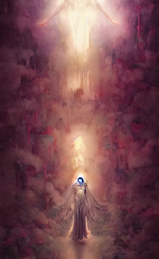Image similar to angel knight gothic girl. intricate, amazing composition, colorful watercolor, by ruan jia, by maxfield parrish, by marc simonetti, by hikari shimoda, by robert hubert, by zhang kechun, illustration, fantasy, gloomy, volumetric lighting