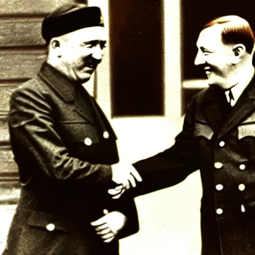 Image similar to historical picture of hitler handshake with soekarno, photosopped, realistic image, uhd picture, and photorealism, with detail image and description