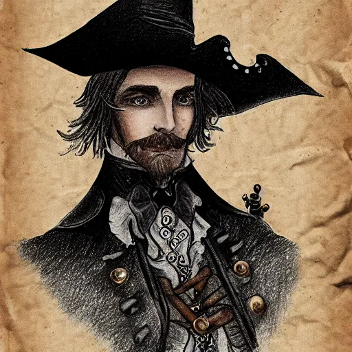 Prompt: Drawing of Male Victorian Gothic Pirate on vintage parchment paper, hd, intricate, bloodborne, 8k, digital art