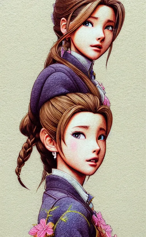 Image similar to super intricately detailed color pencil illustration of aerith gainsborough in the movie fargo. beautiful shadowing, 3 d shadowing, reflective surfaces, illustrated completely, 8 k beautifully detailed pencil illustration, extremely hyper - detailed pencil illustration, intricate, epic composition, very very kawaii, masterpiece, bold complimentary colors. stunning masterfully illustrated by artgerm and range murata.