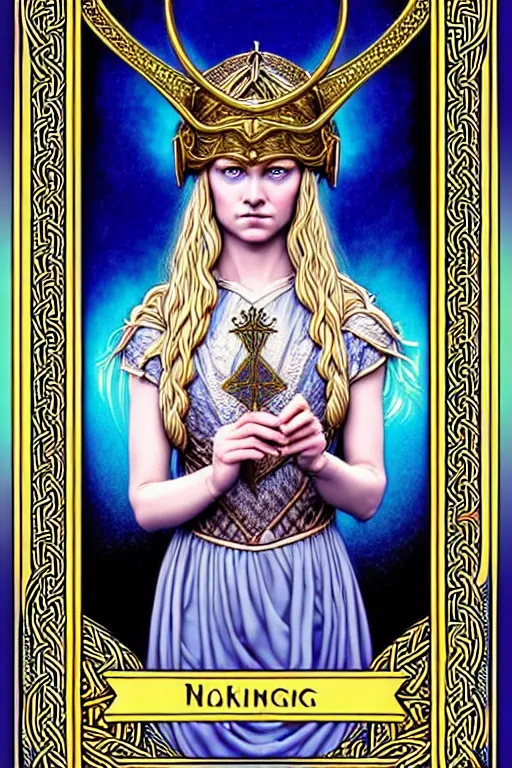 Prompt: beautiful, subtle, and refined engraved fractal tarot card featuring an ornate, realistic, and regal high key studio portrait of a seductive and attractive young viking princess with braided blonde hair, brilliant blue eyes, and a helmet by Dan Mumford, by Jim Fitzpatrick, by Eric Lafforgue, featured on deviant art, trending on artstation, brilliant nebula backdrop