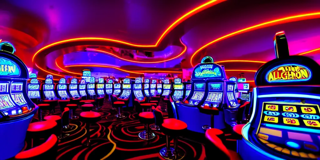 Image similar to minimalistic extreme wide angle curved perspective digital art of indoor casino with alien shaped slot machines, with roulettes in the roof, by anton fadeev from nightmare before christmas, 8 k, octane renderer