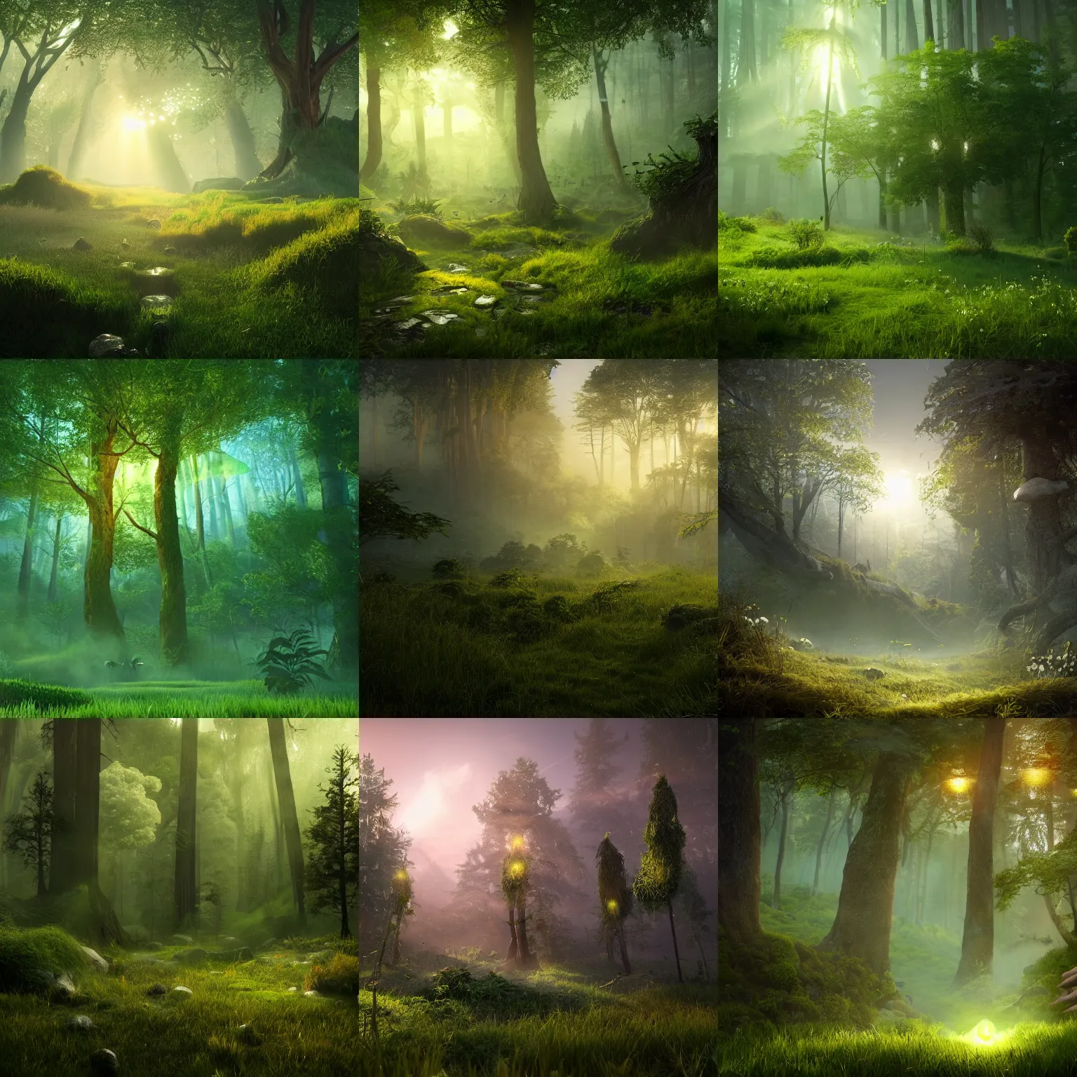 Prompt: fantasy with earth forest and meadow magic, at gentle dawn green light, by adam varga, cinematic lighting, volumetric lighting, smooth, sharp focus, highly detailed, render in unreal engine 5, artstation, deviantart, behance, trending, epic composition, hd, octane, unreal engine, volumetric lighting, light rays, masterpiece, award - winning