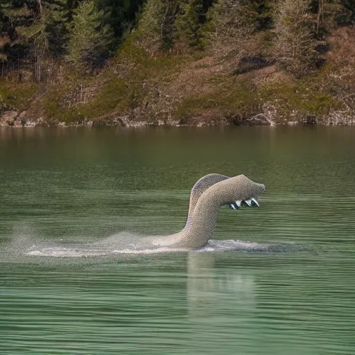 Prompt: Blurry photo of the ogopogo jumping out of the water, dark lighting