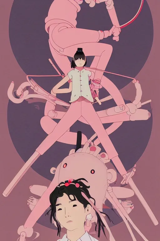 Image similar to Artwork by James Jean, Phil noto and studio ghibli ; (1) a young Japanese future samurai police lady named Yoshimi battles an (1) enormous evil natured carnivorous pink robot on the streets of Tokyo; Japanese shops and neon signage; crowds of people running; Art work by Phil noto and James Jean