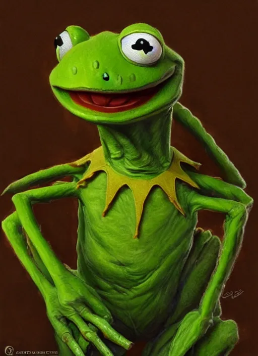 Image similar to portrait of Kermit the frog in Evil Dead (2013), highly detailed, centered, solid color background, digital painting, artstation, concept art, smooth, sharp focus, illustration, artgerm, donato giancola, Joseph Christian Leyendecker, Les Edwards, WLOP, Basil Gogos, Artgerm