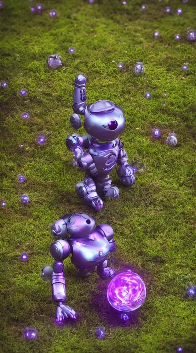 Image similar to small toy robot in a garden, hyper detailed, sharp focus, bokeh, unreal engine, ray tracing, cute, fantasy, sci fi, purple lights, tiny, small