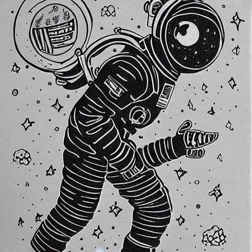 Image similar to astronaut on the moon walking, silhouette, intricate ink drawing, highly detailed in the style of jamie hewlett