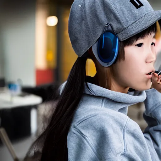 Image similar to wonderful young japanese girl with a mixer playing music, with headphones in her ears, with a sweatshirt with a cap with techno letters, with a vinyl in her hand, in a dark industrial park, realistic mouth, high definition, detailed and symmetrical face, detailed and realistic hands, expressive eyes, 4 k, bright color, epic digital art