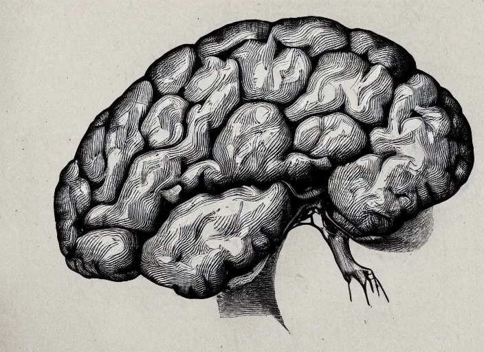 Prompt: an old anatomical drawing of the brain in ink engraving on parchment paper