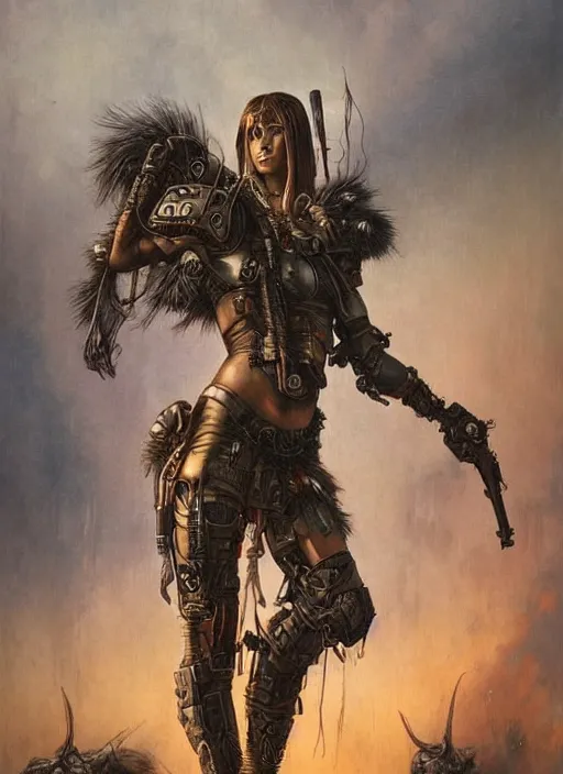 Prompt: postapocalyptic cyborg tribal warrior girl ultra realistic, blade runner, peter mohrbacher, wayne barlowe, boris vallejo, aaron horkey, gaston bussiere