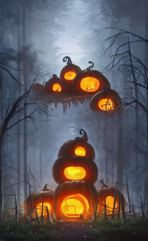 Image similar to a giant pumpkin house in the middle of a forest at night, the lights are on, dynamic lighting, photorealistic fantasy concept art, trending on art station, stunning visuals, creative, cinematic, ultra detailed