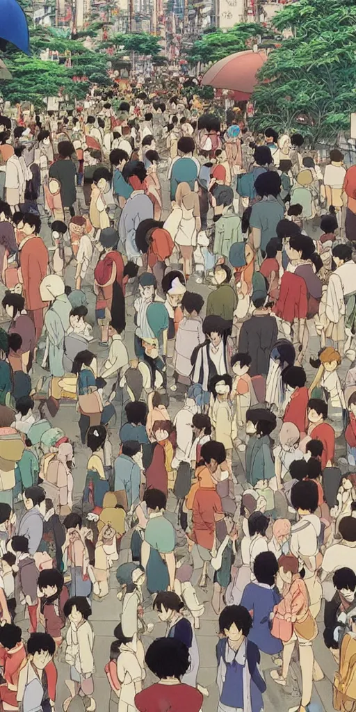 Image similar to Still from Studio Ghibli movie 'Lost in Crowded Tokyo', very detailed, focused, colorful, Antoine Pierre Mongin