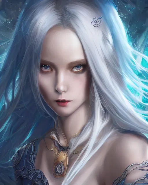 Prompt: A beautiful mysterious girl with cobalt-blue eyes and silky white hair, guitar shape build, her wardrobe is attractive, full body, fantasy art, in the style of Stanley Lau, illustration, epic art, fantasy, intricate, elgant, amazing detail, digital painting, artstation, concept art, smooth, sharp focus