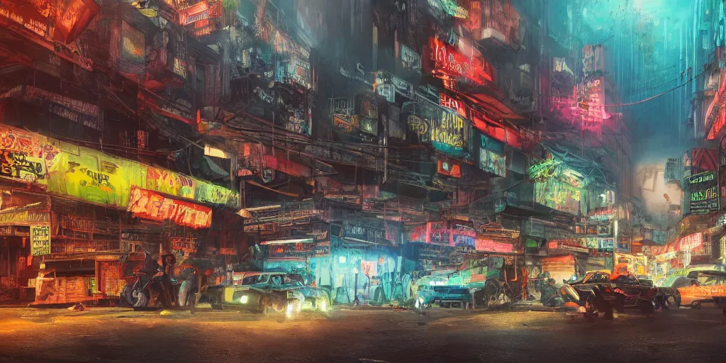 Prompt: a guatemalan cyberpunk city market with neon ads and signs with evocative dramatic mood with blade runner vibe with cars and floating vehicles with motion blur with depth of field with bloom with lightshaft with volumetric lights, fog, by jeremy mann, alberto mielgo, oscar winning graphics, photo realistic, bloom, imax, dynamic lighting, artstation,