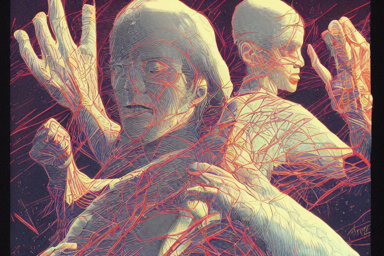 Image similar to it's so lonely when you don't know yourself, risograph artwork by Moebius and Alex Ross, intricately deteailed, trending on artstation