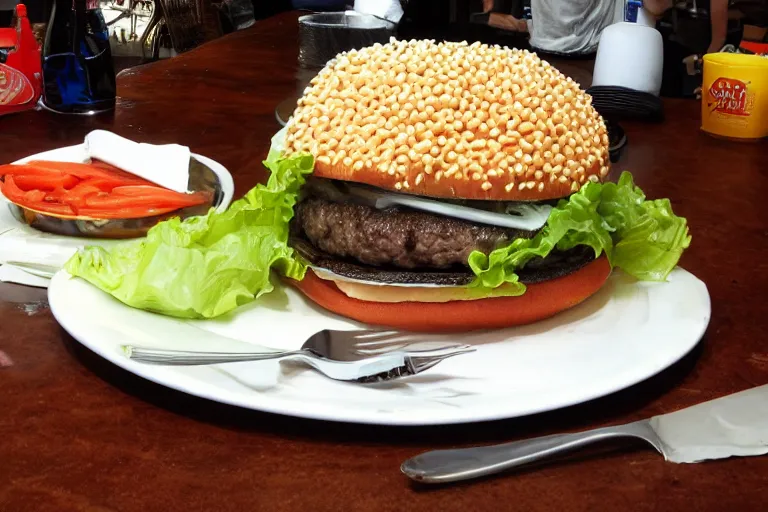 Prompt: 1 0 lb burger that needs a fork