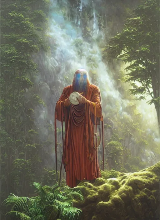 Prompt: ancestors protecting a shaman praying in the jungle, old faces in the clouds, art by christophe vacher