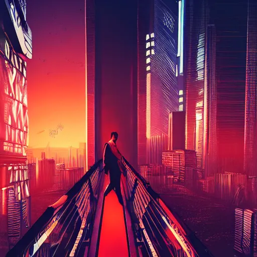 Image similar to a man standing on top of a bridge over a city, cyberpunk art by Vincent Lefevre, behance contest winner, altermodern, cityscape, synthwave, matte painting