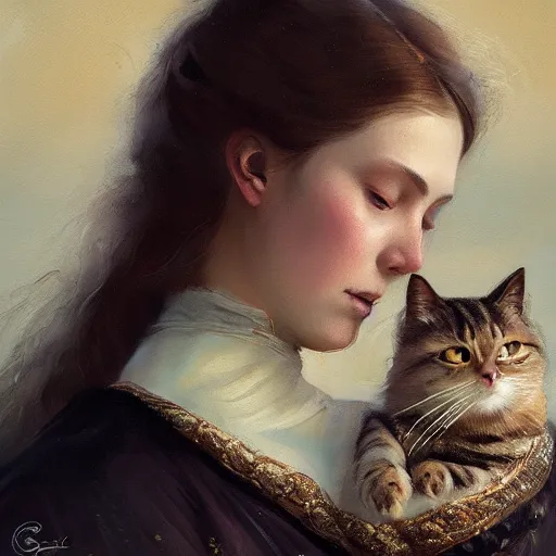 Prompt: portrait of a russian princess in her catsle holding a cat in her hand, in the style of charles sillem lidderdale, in the style of greg rutkowski, artstation, high quality art, super detail