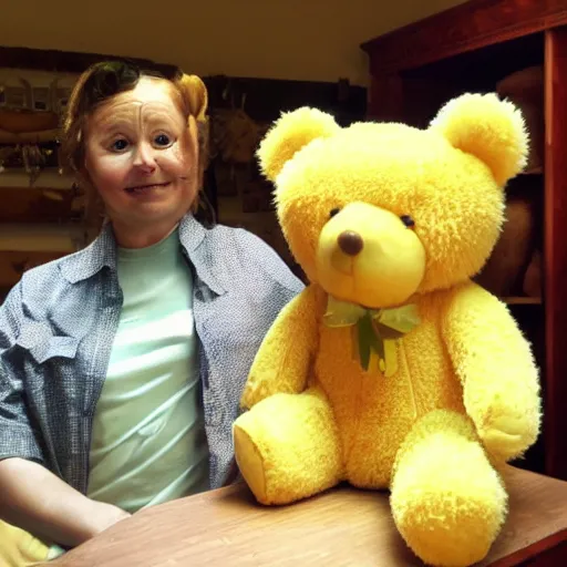 Image similar to a yellow teddy bear showing off a collection of nfts