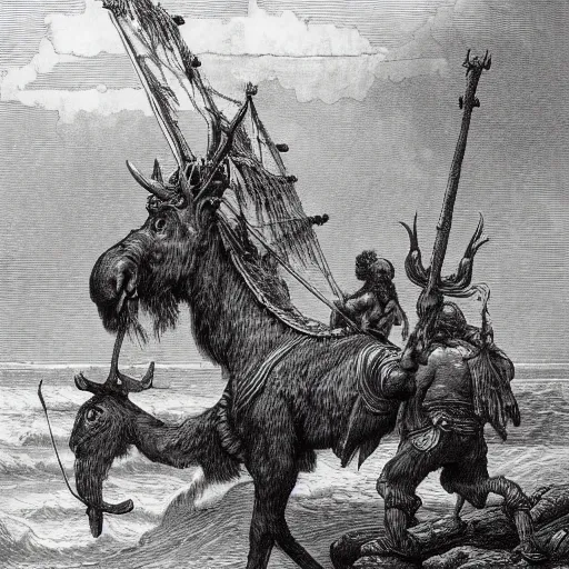 Prompt: anthropomorphic moose barbarian humanoid by gustave dore, pirate ship, sea, fantasy