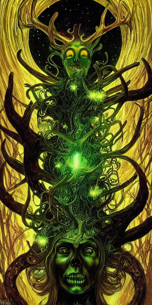Image similar to intense glowing pagan fungus god with antlers and tentacles and intense glowing eyes and a mossy skull in very dark cosmic space by karol bak and artgerm and alphonse mucha, portrait, fantasy, clear, light beams, lens flare, intense, uhd, amazing depth, cinematic lighting, deep green and black and shining gold