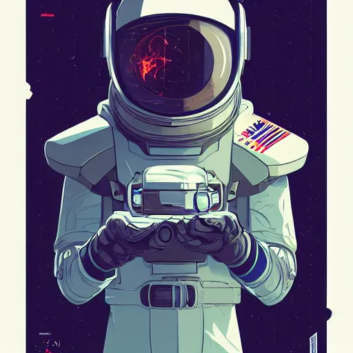 Image similar to portrait of a future cosmonaut with helmet having cybernetics and wirings, d & d, trending on artstation, art by rossdraws, petros afshar, tom whalen, laurie greasley and greg rutkowski and ilya kuvshinov, global illumination