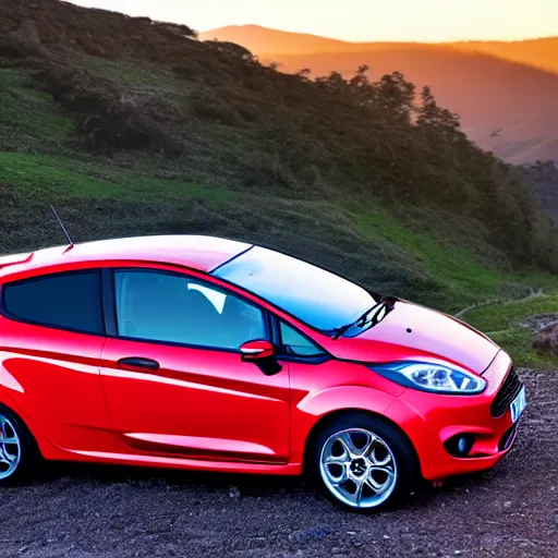 Prompt: red ford fiesta mk 6 zetec on a mountain road, award winning photograph, golden hour