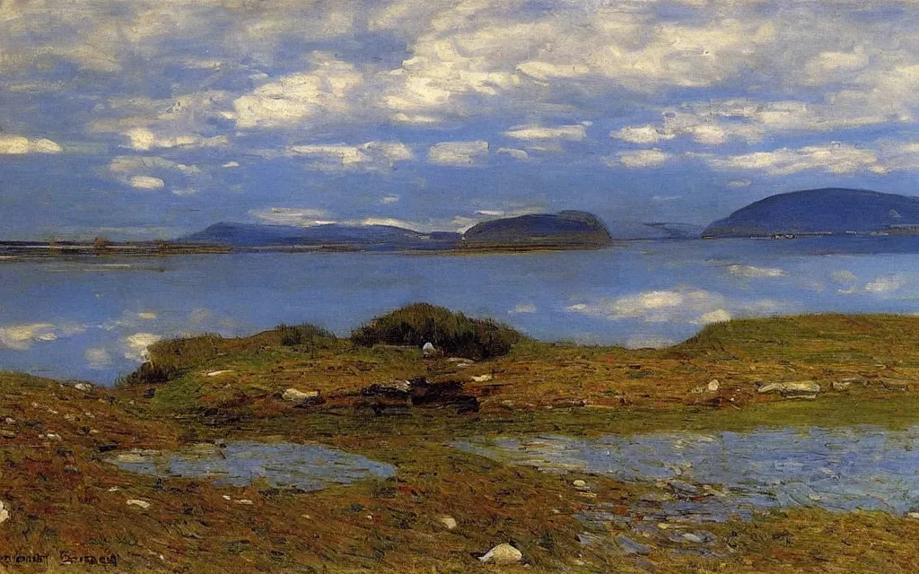 Prompt: a painting of large lake in norway, spring, oil on canvas, by peder severin kroyer