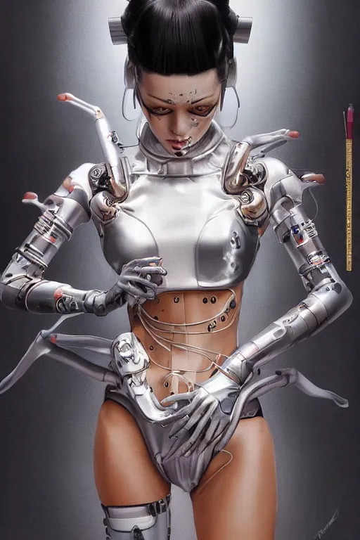 Image similar to Photorealistic illustration, full body geisha cyborg balanciaga fashion show , with fashion clothe, six digital eyes by sorayama , cyberpunk 2077, sci-fi, futuristic, intricate, elegant, highly detailed, digital painting, artstation, concept art, smooth, sharp focus, art by artgerm, greg rutkowski and alphonse mucha