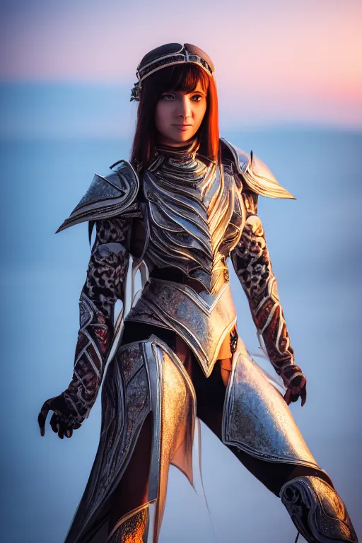 Image similar to a beautiful female guardian from neverwinter shyly posing on camera, symmetrical, cinematic, elegant, dawn light, real dlsr photography, sharp focus, 4 k, ultra hd, sense of awe