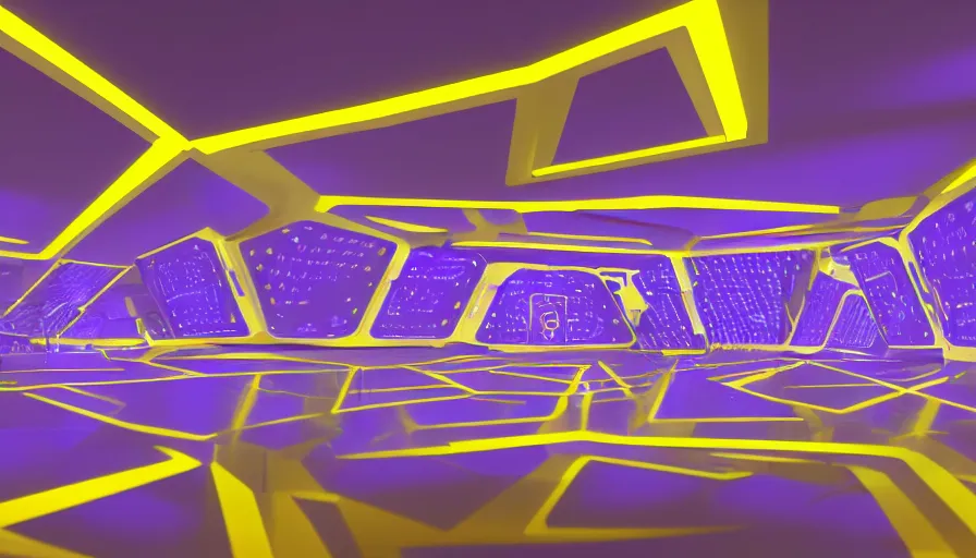 Prompt: geometric, cave like control panel room with led computer interfaces on every surface. purple and yellow color scheme, dark lighting, high contrast, octane render, ray tracing, 4 k, high quality desktop wallpaper